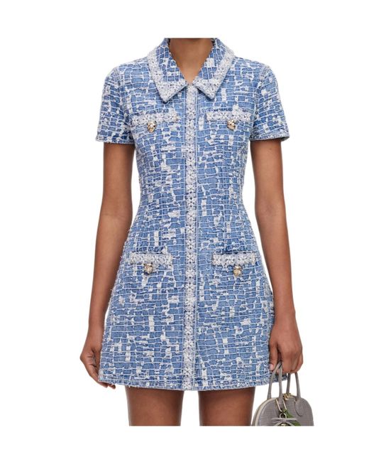 Self-Portrait Blue Sequin-Embellished Collared Mini Dress