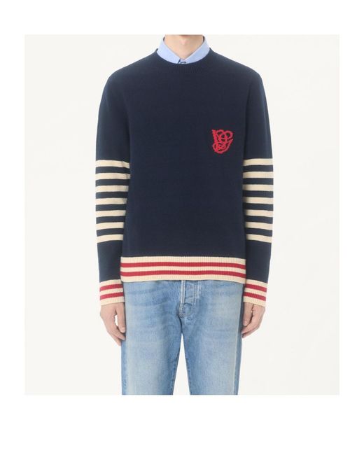 Valentino Blue Stripe Detailed Crewneck Jumper for men