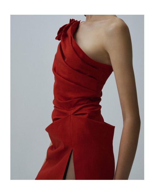 Magda Butrym Red One Shoulder Ruched Mini Dress
