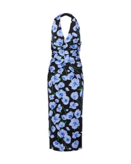 Carolina Herrera Blue Floral Gathered Midi Dress