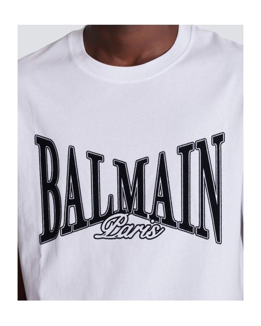 Balmain White Short-Sleeved T-Shirt With Flocked College Print for men