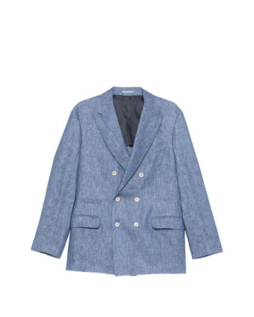 Brunello Cucinelli Blue Double-Breasted Pocket Jacket for men