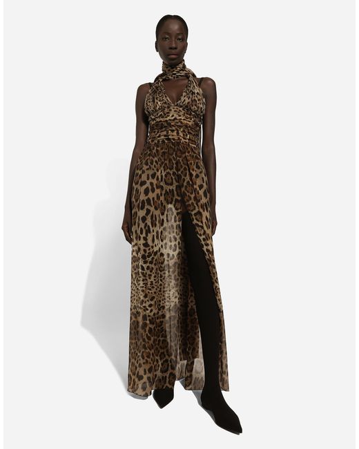 Dolce & Gabbana Natural Long Leopard-Printed Chiffon Dress