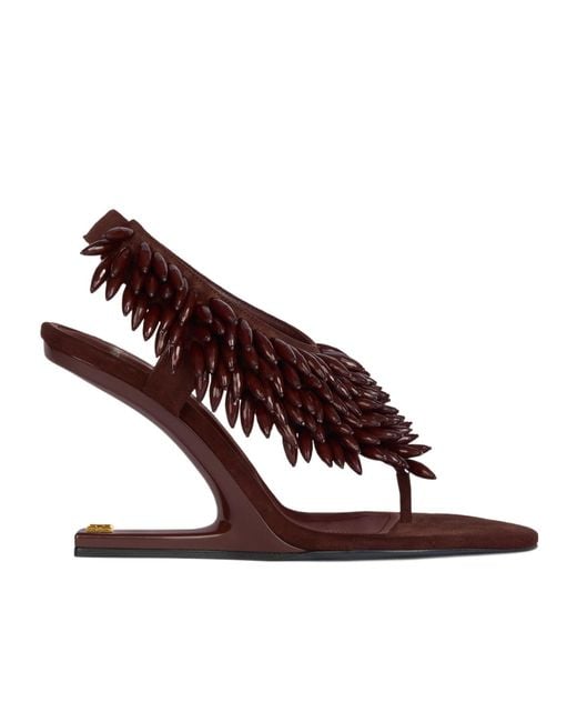 Balmain Brown No Wedge Beaded Suede Sandals