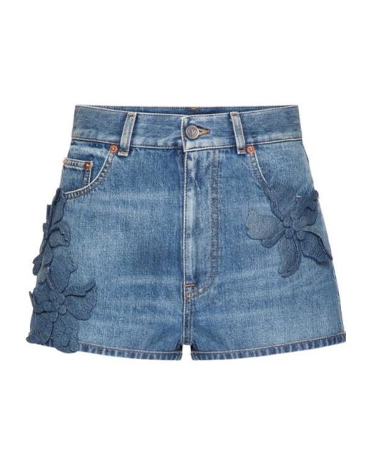Valentino Blue Floral-Appliqué Straight Hem Denim Shorts