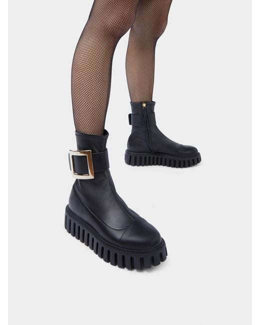 Roger Vivier Black Viv' Go-Thick Metal Buckle Stretch Ankle Boots
