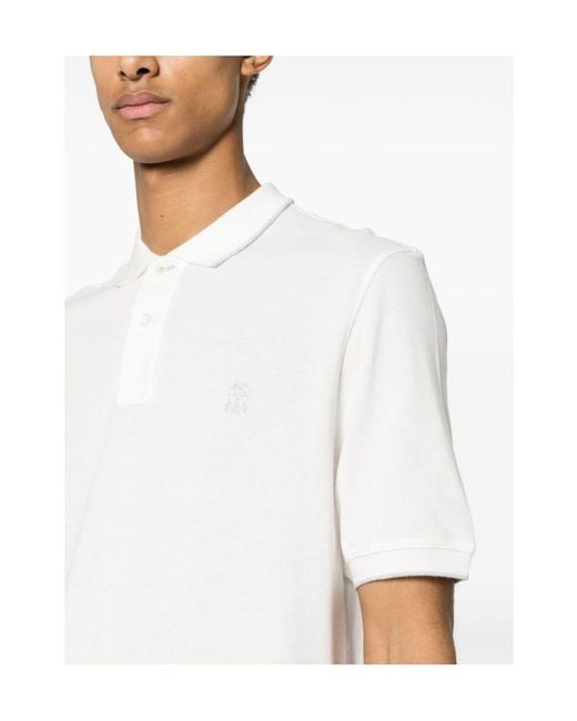 Brunello Cucinelli White Logo-Embroidered Short-Sleeved Polo Shirt for men