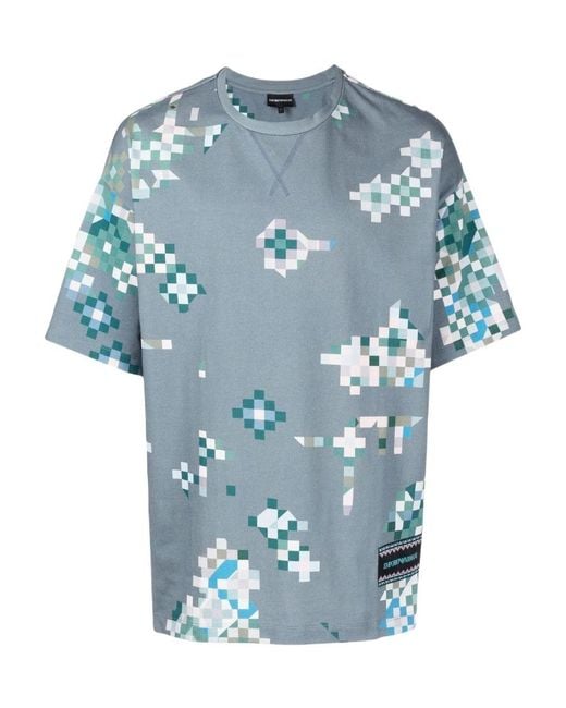 Emporio Armani Blue Geometric-Print Cotton T-Shirt for men