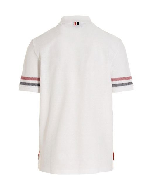 Thom Browne White Logo Patch Striped Polo Shirt for men