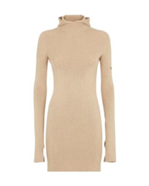 Fendi Natural Long Sleeved Hooded Ribbed Dress