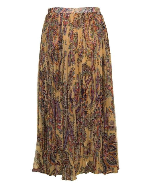 Etro Brown Maxi Pleated Skirt With All-Over Paisley Print