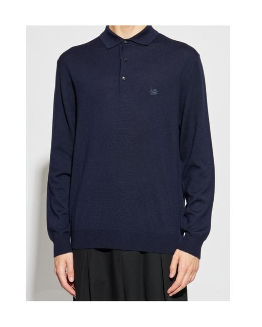 Etro Blue Logo Embroidered Knit Polo Shirt for men