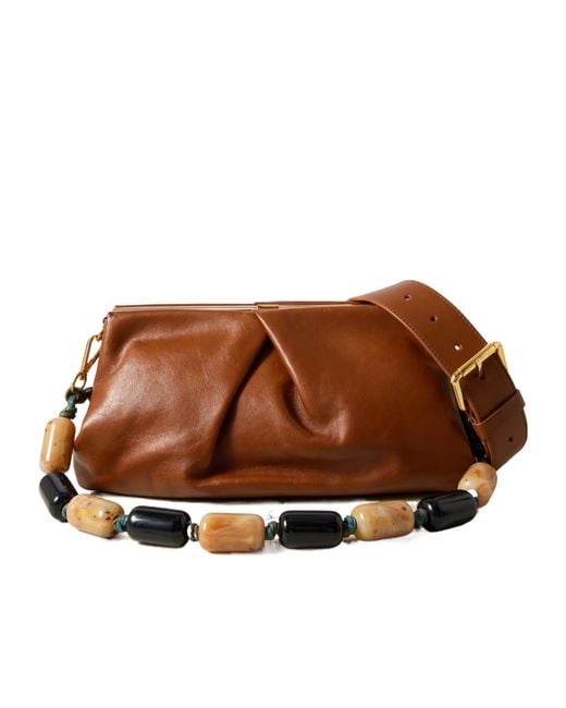 Dries Van Noten Brown Pleated Beaded Leather Clutch Bag