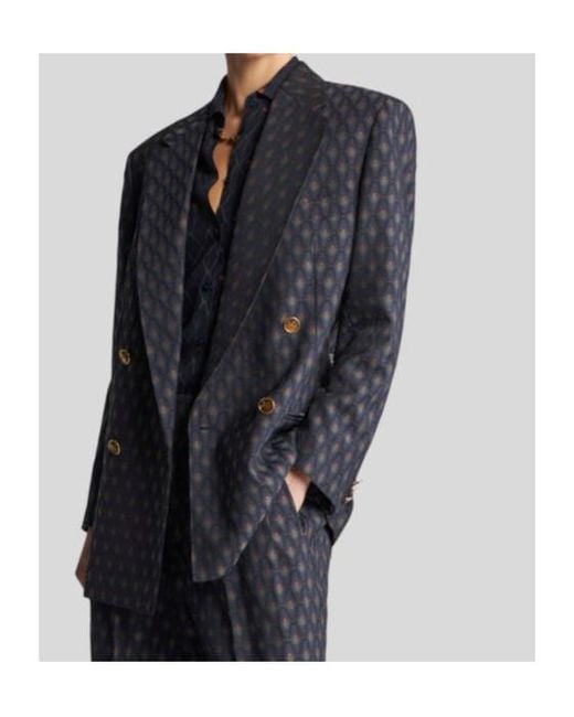 Etro Blue Patterned Jacquard Straight Hem Jacket