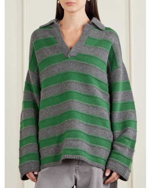 The Elder Statesman Green Dume Striped Cashmere Polo Sweater