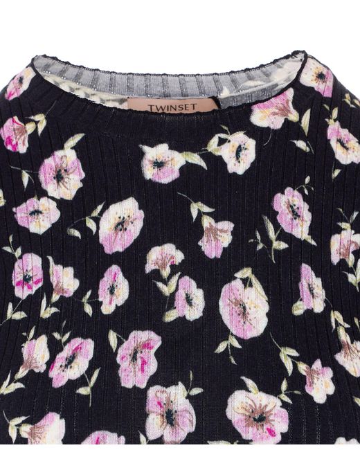 Twinset Blue Crewneck Floral-Print Ribbed T-Shirt