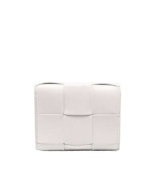 Bottega Veneta White Intreccio Tri-Fold Zip Wallet