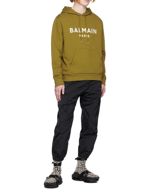 Balmain Green Logo Printed Drawstring Hoodie for men