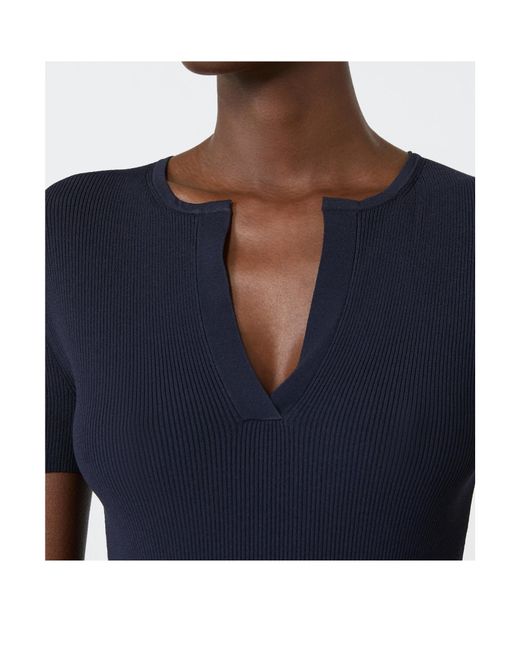 Max Mara Blue Ribbed-Knit Tie-Detail Short-Sleeve Sweater