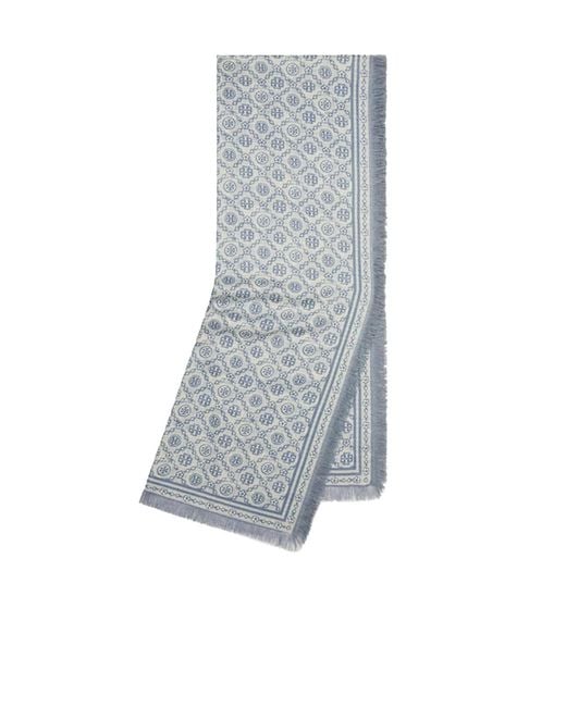 Tory Burch Blue Fringed Monogram Scarf