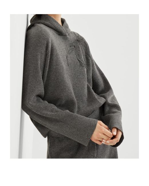 Brunello Cucinelli Gray Shiny Flower Embroidered Sweater