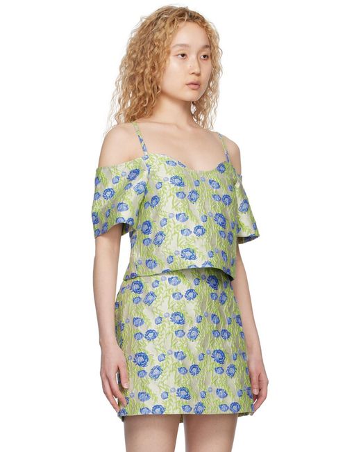 Ganni Green Floral Jacquard Off-Shoulder Blouse
