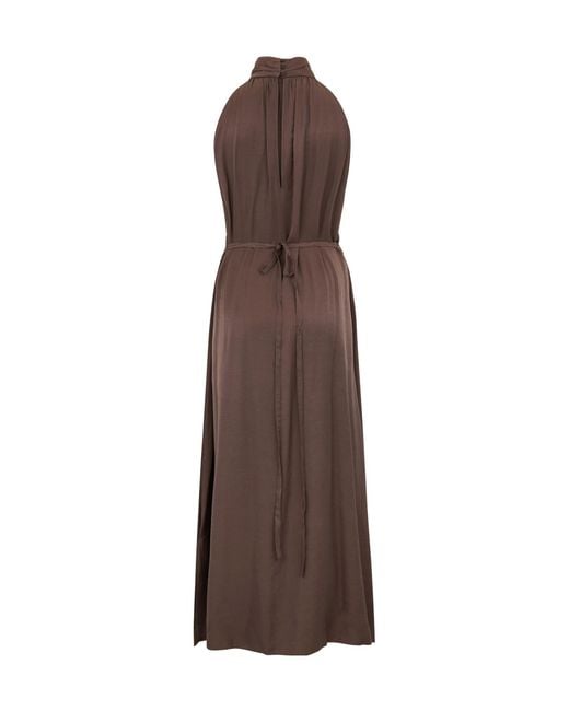 Peserico Brown Tied-Waist High-Neck Sleeveless Dress