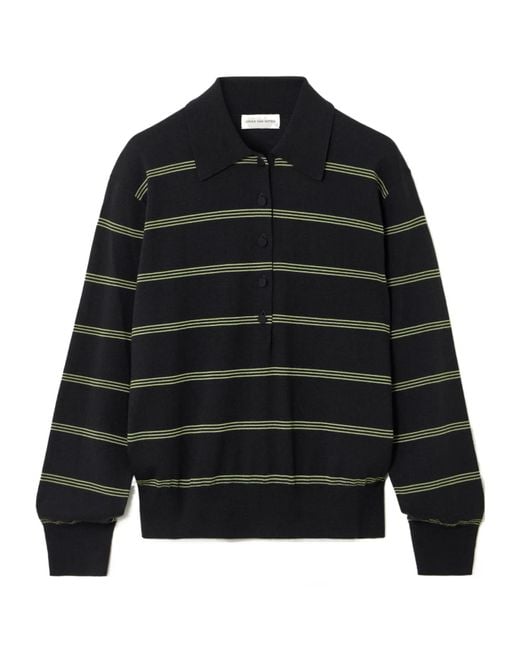 Dries Van Noten Black Striped Merino Wool Polo Shirt
