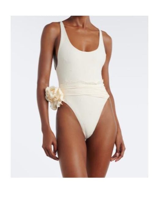 Magda Butrym White Embroidered Floral-Appliqué Draped Swimsuit