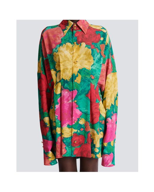 Balmain Multicolor Roses Printed Crepe Shirt Dress