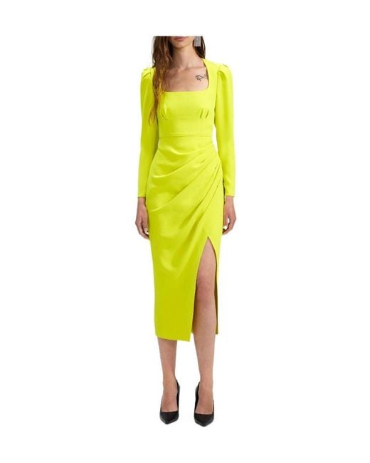 Self-Portrait Yellow Lime Crepe Ruched Midi Dress