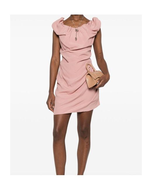 Vivienne Westwood Pink Ruched Mini Dress With Sculptural Off-Shoulder Neckline