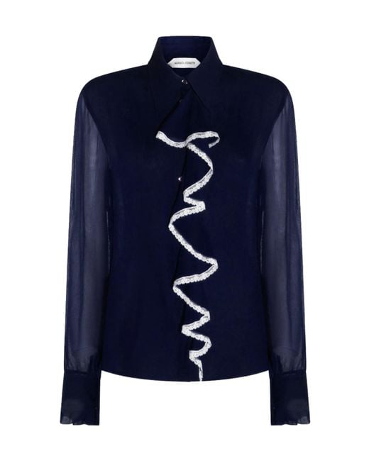 Alberta Ferretti Blue Ruffled Lace Shirt