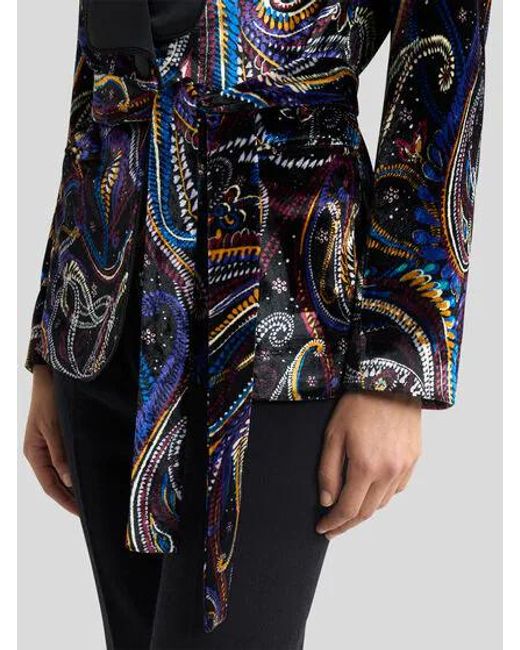 Etro Black Paisley Foliage Motif Belted Velvet Blazer
