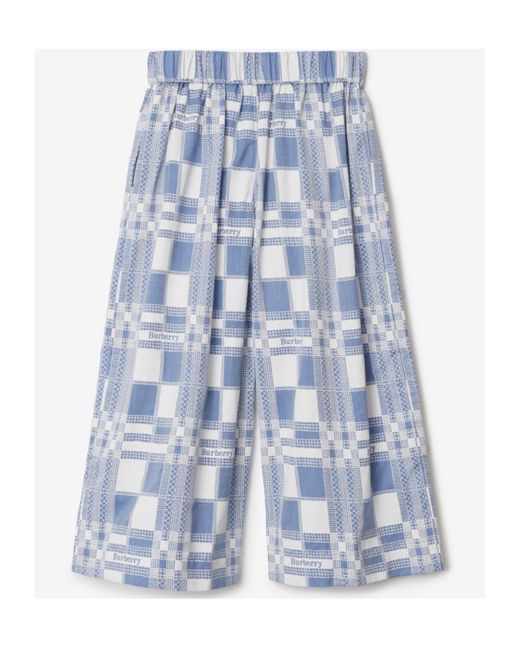 Burberry Blue Checked Wide-Leg Cotton Trousers