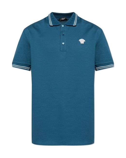 Versace Blue Medusa Embroidered Short-Sleeved Polo Shirt for men