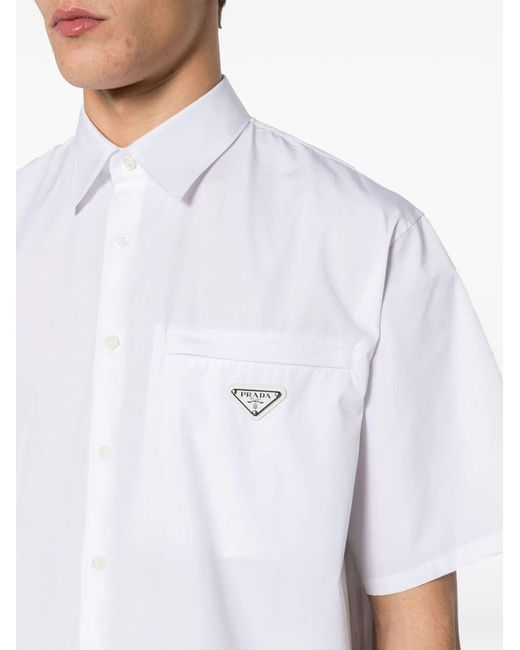 Prada White Triangle Enamel Logo Buttoned Shirt for men