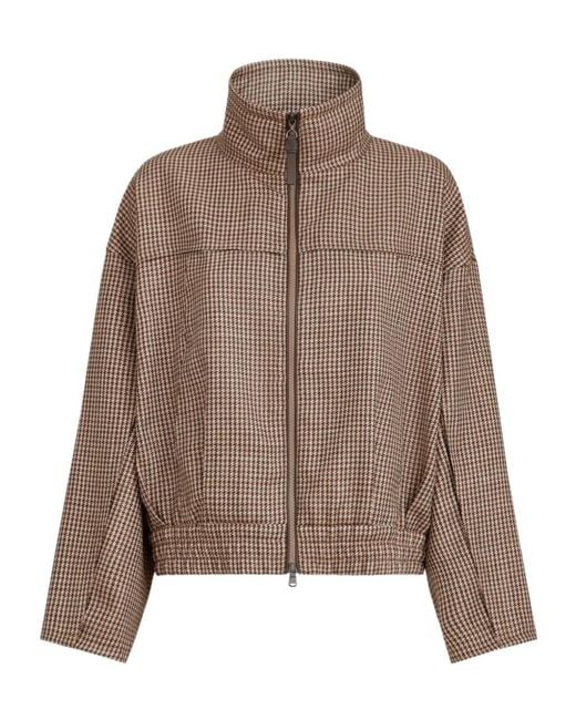 Brunello Cucinelli Brown Sparkling Virgin-Wool Houndstooth Outerwear Jacket With Leather Piping And Shiny Zipper Pull