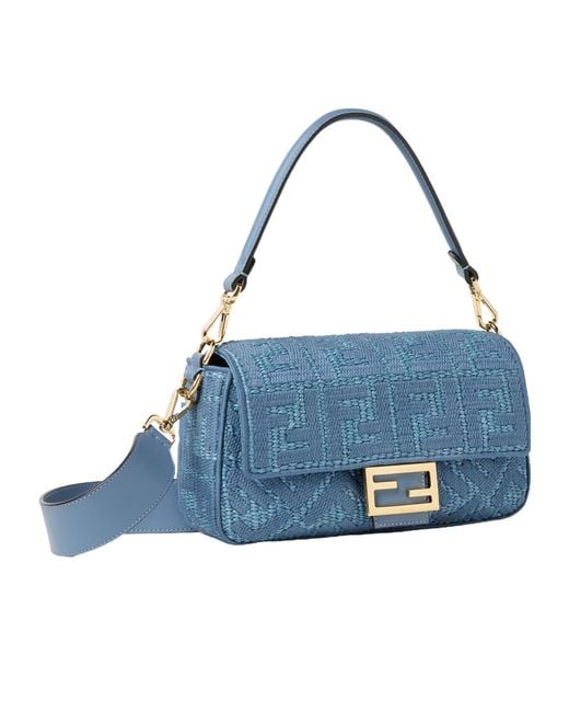 Fendi Blue Baguette Embossed Shoulder Bag