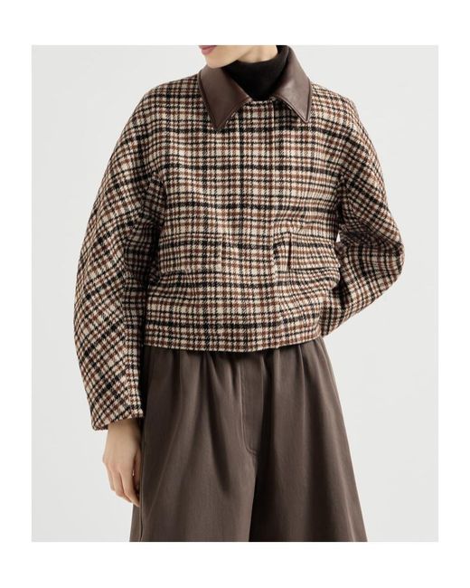 Brunello Cucinelli Brown Comfort Checked Wool And Alpaca Outerwear Jacket With Leather-Collar And Monili