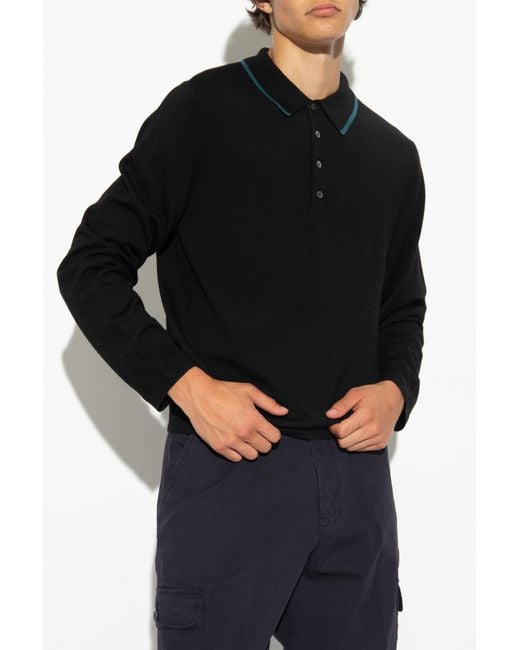 Paul Smith Black Ps Paul Smith Stripe Trim Logo Embroidered Polo Shirt for men