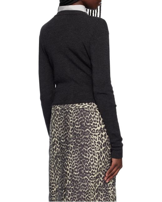 Ganni Black V-Neck Logo Embroidered Cardigan