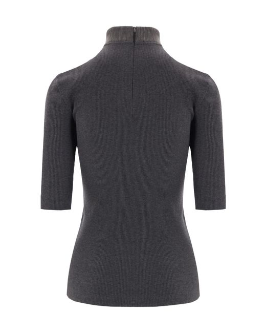 Brunello Cucinelli Black Monili-Detailed Mock Neck Ribbed Top
