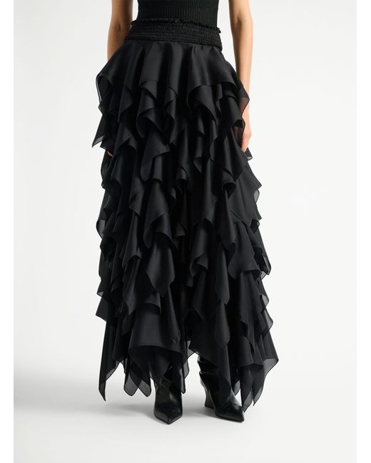 Balmain Black Silk Ruffled Maxi Skirt