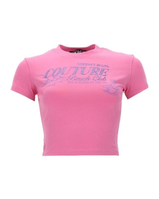Versace Pink Jeans Couture Graphic Cropped T-Shirt