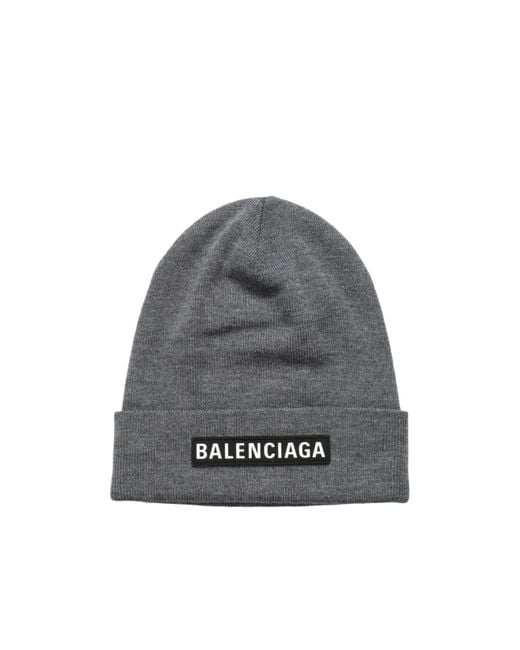 Balenciaga Gray Logo Patch Knit Beanie for men