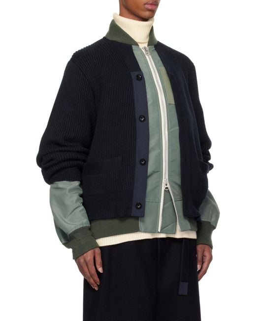 Sacai Black Layered Effect Zip-Up Knitted Jacket for men