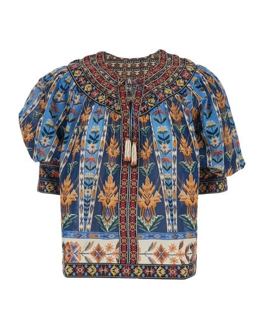 Farm Rio Blue Dress Embroidered Tapestry With Short Sleeves And Embroidery