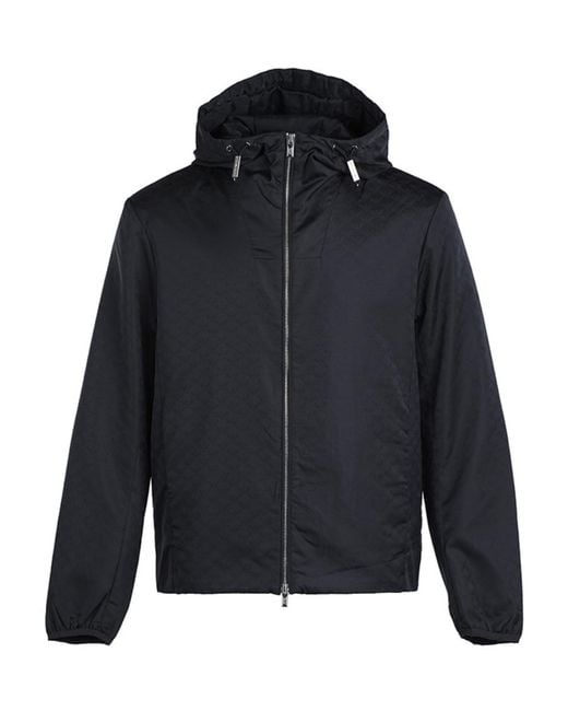 Emporio Armani Blue Monogram-Pattern Zipped Hooded Jacket for men