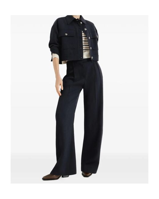 Brunello Cucinelli Blue Virgin Wool Crêpe Chevron Tailored Barrel Trousers With Monili